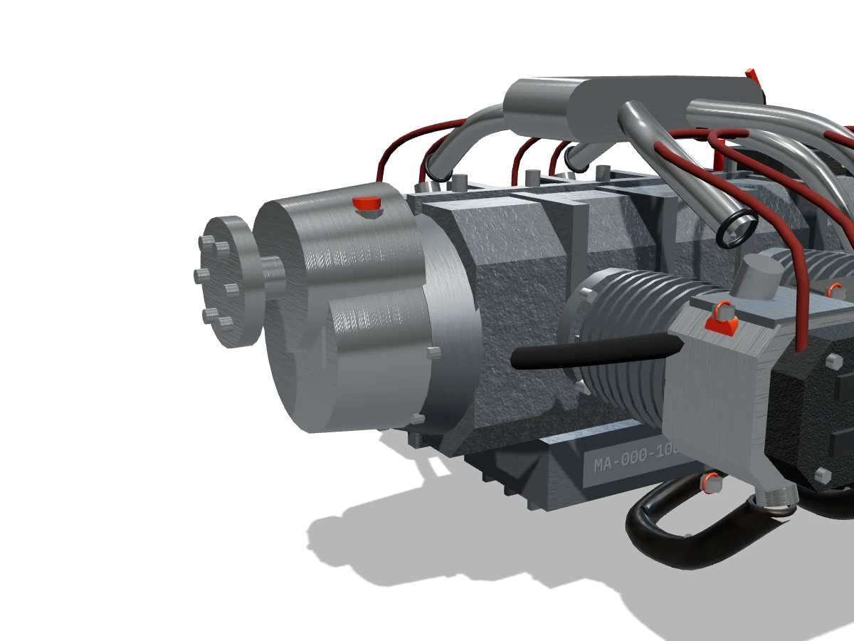 Close on the reduction drive: offset gearbox casing, governor pad and the six-bolt propeller flange