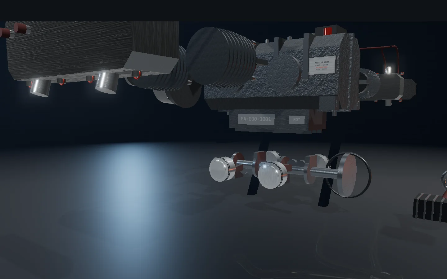 Crankshaft, connecting rods and pistons lit alone, the rest of the engine fallen into shadow