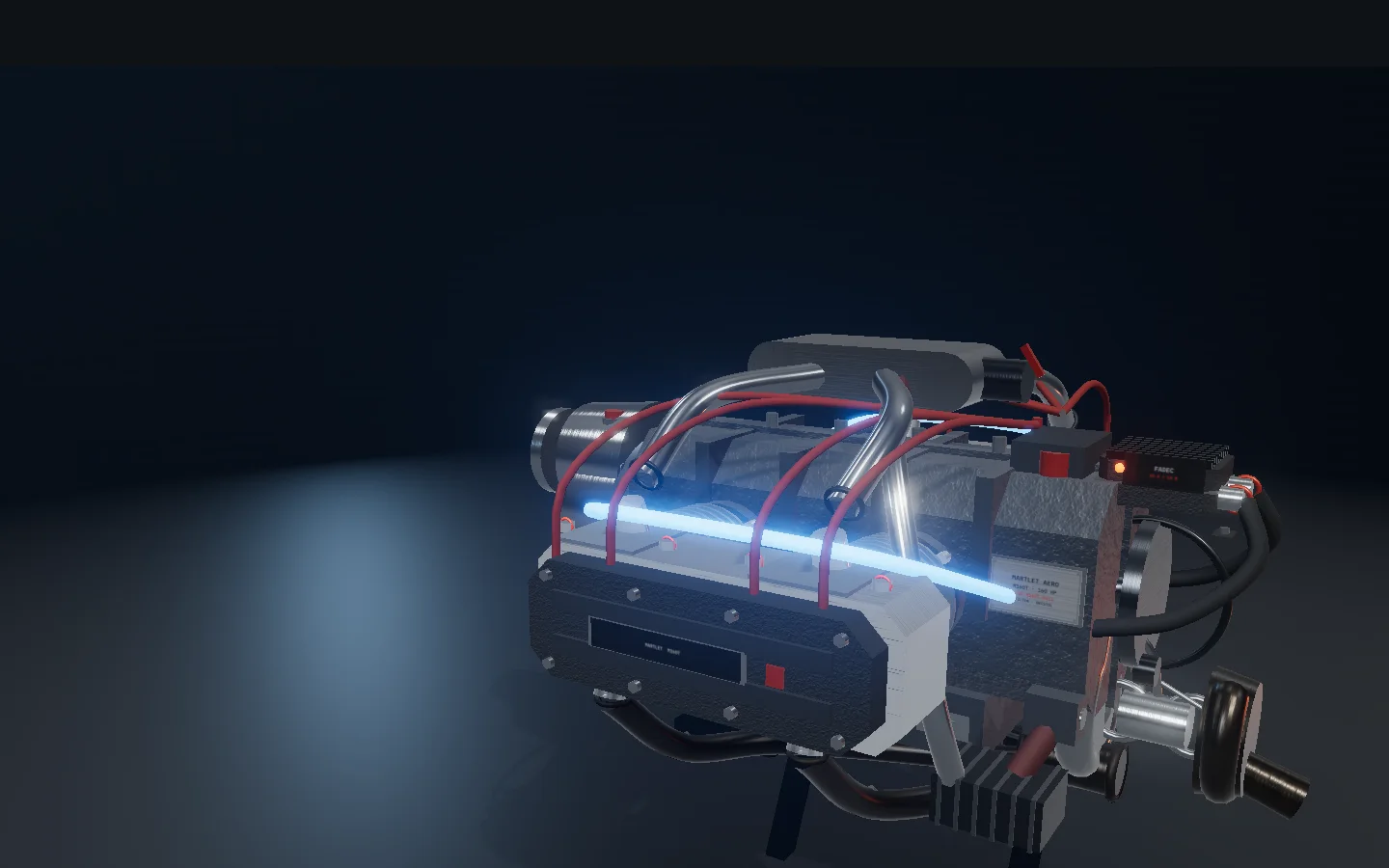 Cylinder heads and barrels with the coolant path traced through the galleries in glowing blue