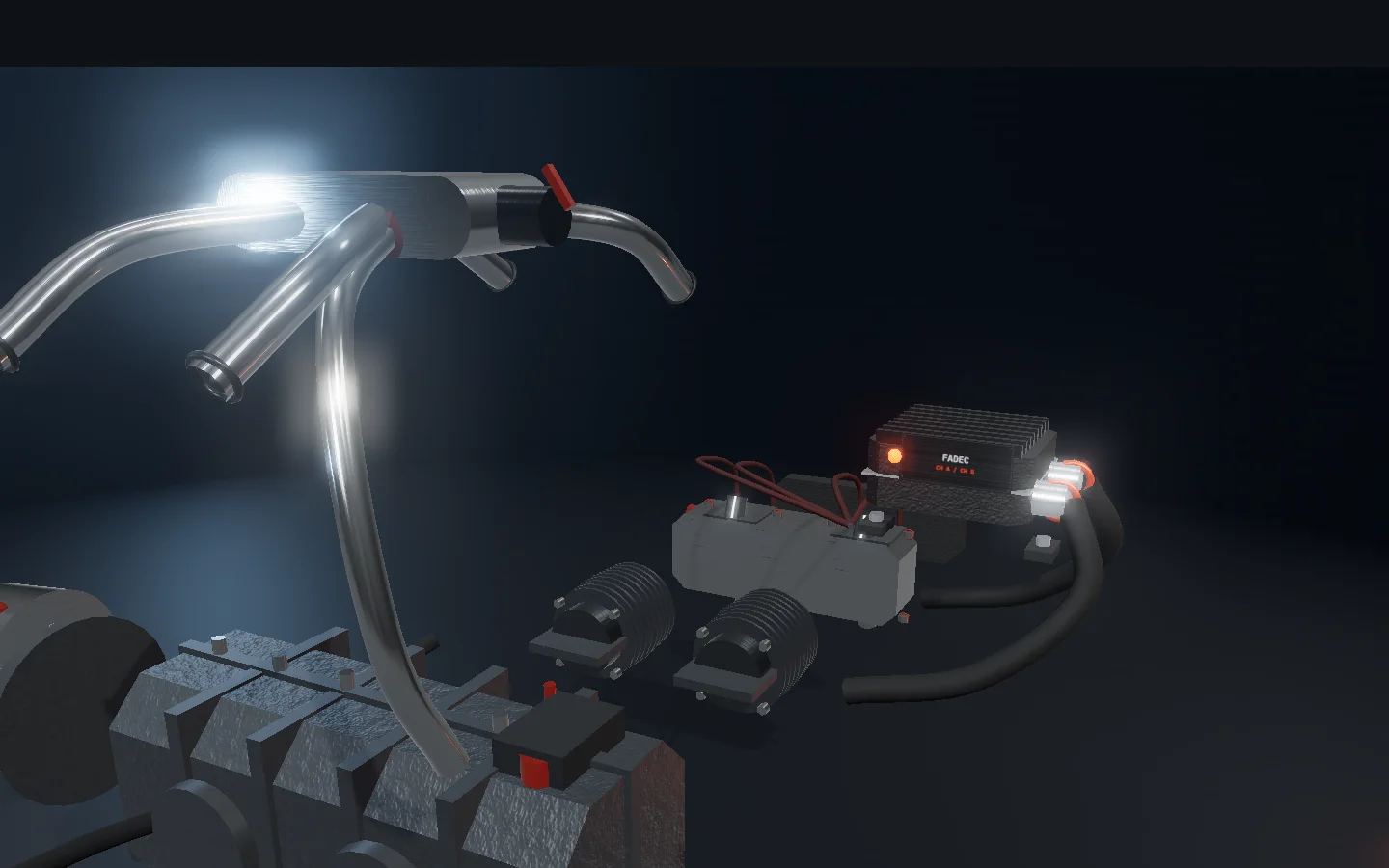 FADEC module and harness lit above the exploded engine, channel A and B labels legible