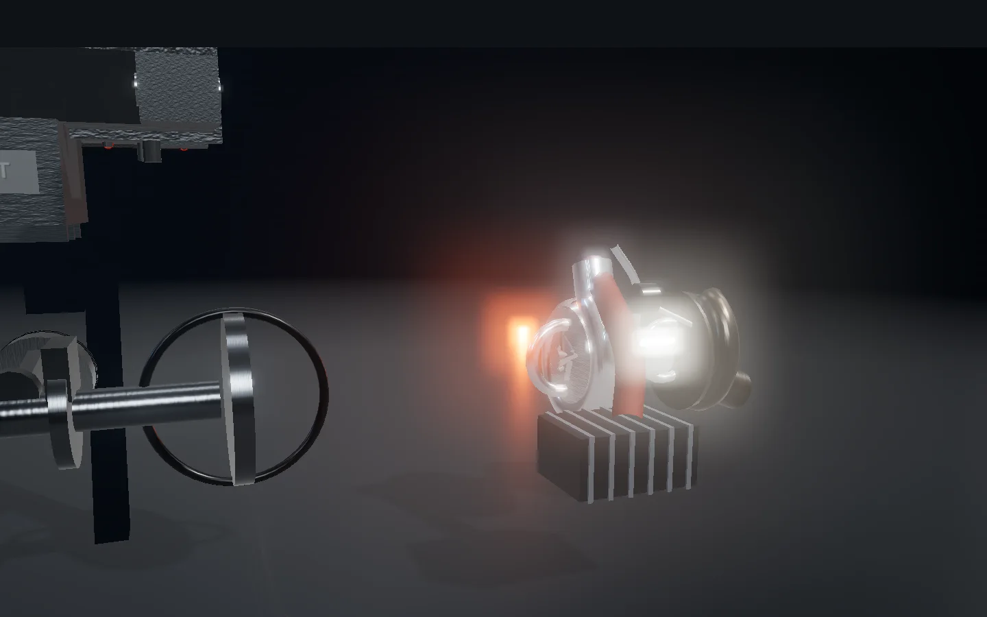 Turbocharger group lit below the engine, compressor volute and heat-tinted turbine housing forward